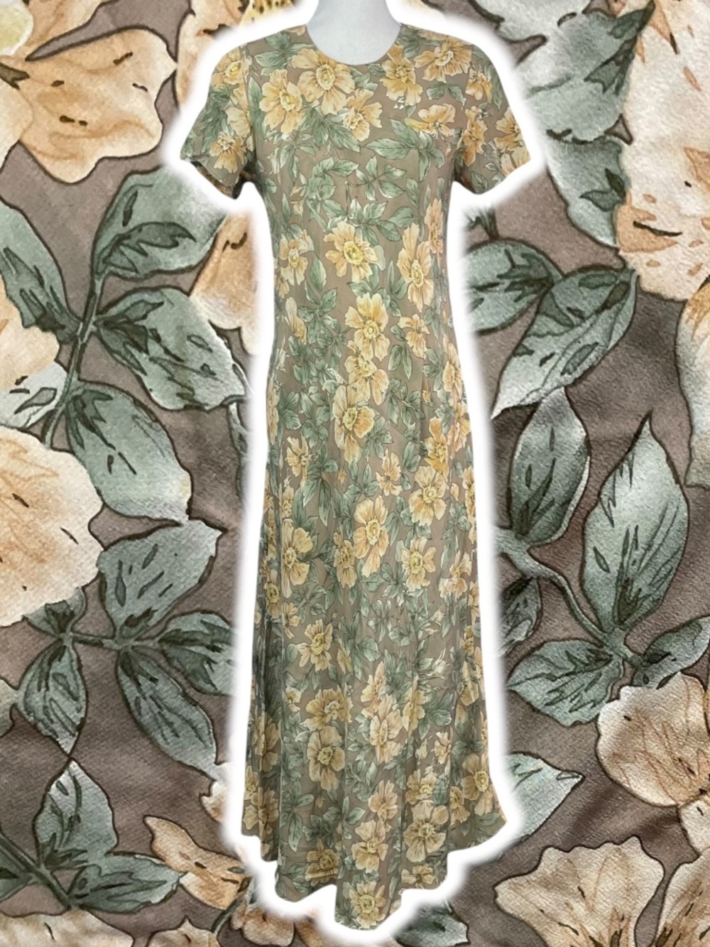 100% Silk Floral Maxi Dress 8 Fairy Grunge Garden A-Line Long Gown Taupe Green